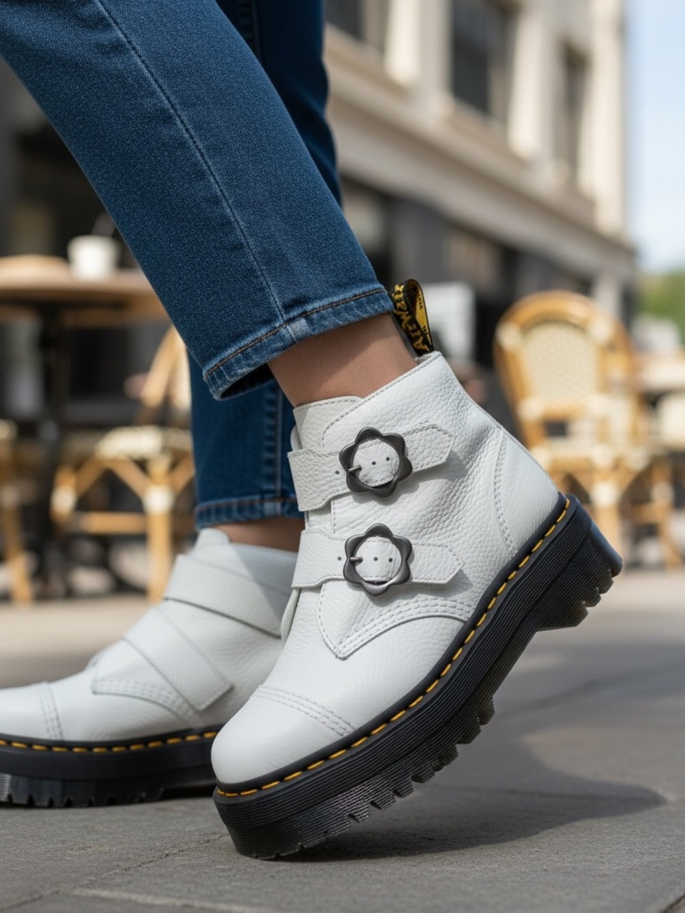 Dr. Martens White Pebbled Devon Flower Platform High Top Buckle Bootie